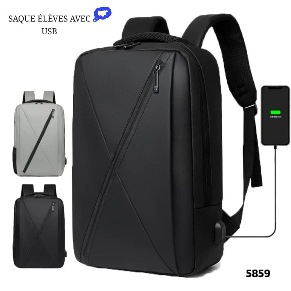 Sac à dos professionnel noir pour ordinateur portable avec lignes géométriques et port de charge USB sur le côté
