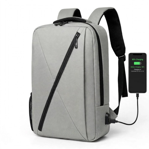 Sac à dos ordinateur portable étanche USB gris Sac à dos professionnel gris pour ordinateur portable avec lignes géométriques et port de charge USB sur le côté