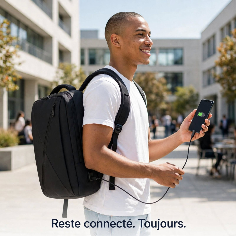 Sac à dos professionnel noir pour ordinateur portable avec lignes géométriques et port de charge USB sur le côté
