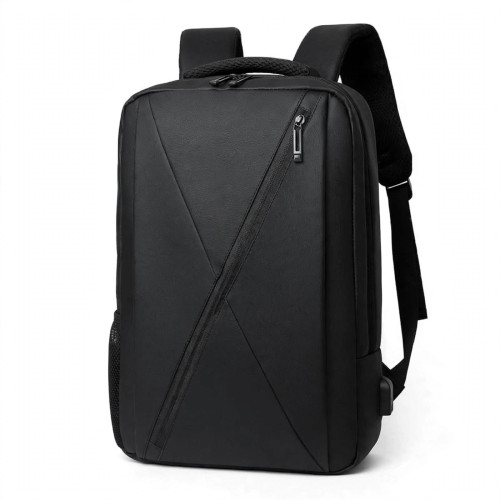 Sac à dos professionnel noir pour ordinateur portable avec lignes géométriques et port de charge USB sur le côté