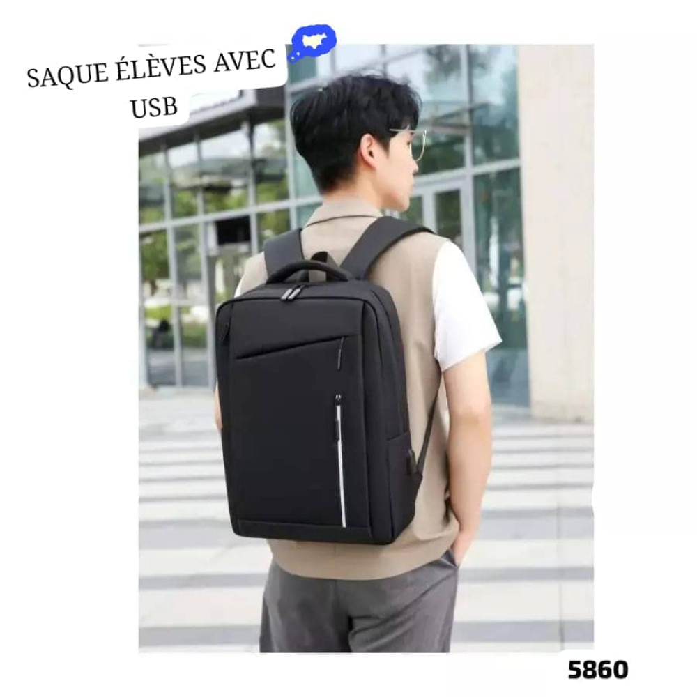 Sac à dos professionnel noir pour ordinateur portable avec lignes géométriques et port de charge USB sur le côté