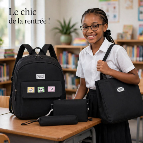Ensemble de 4 sacs noirs ZEENTE sur fond blanc comprenant sac à dos avec badges, sac à main et trousses