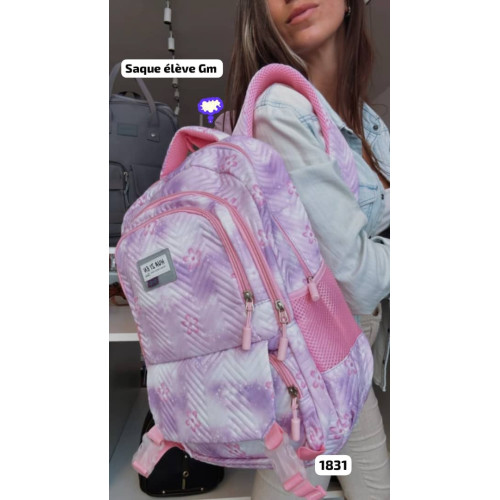 Sac à dos scolaire violet pour fille de la marque HUA SI EV avec motifs de fleurs et lignes géométriques en chevrons