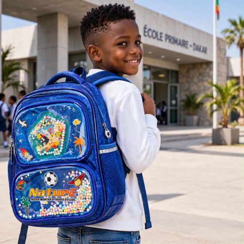 Sac à dos scolaire garçon Nature bleu roi détails Jeune garçon souriant portant le sac à dos scolaire bleu roi à motifs d'étoiles Nature avec des perles multicolores, à côté de zooms sur les détails des fermetures éclair et des poches