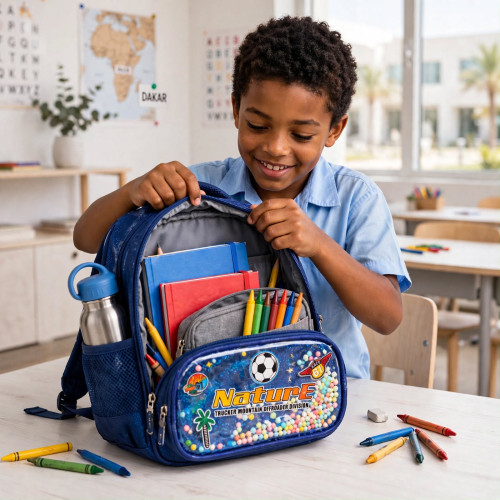 Sac à dos scolaire garçon Nature bleu roi détails Jeune garçon souriant portant le sac à dos scolaire bleu roi à motifs d'étoiles Nature avec des perles multicolores, à côté de zooms sur les détails des fermetures éclair et des poches