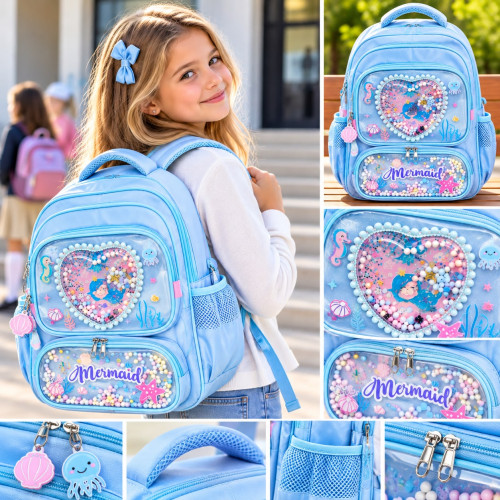 Sac à dos scolaire bleu ciel et rose à motifs de sirène avec des perles et une poche transparente en forme de cœur contenant des paillettes