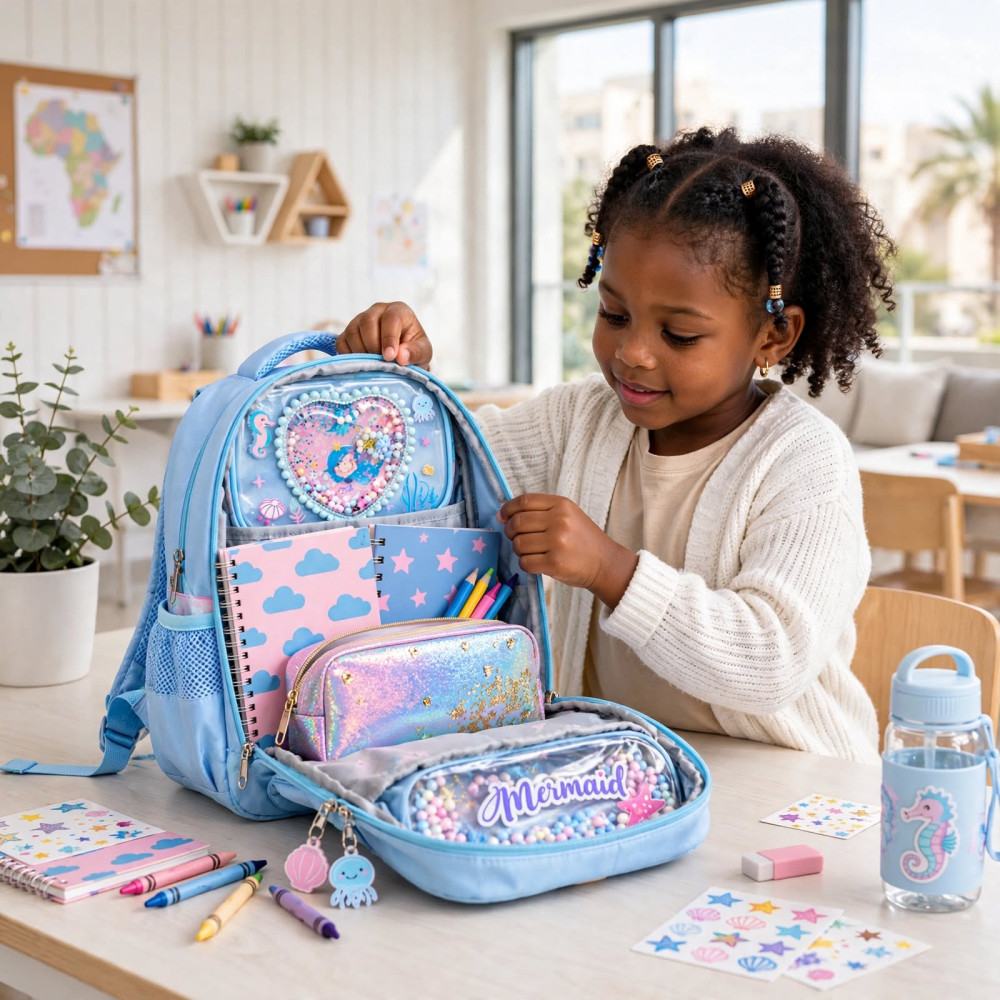 Sac à Dos Scolaire Imperméable Mermaid - Bleu Ciel et Rose avec Écussons Sequins et Perles