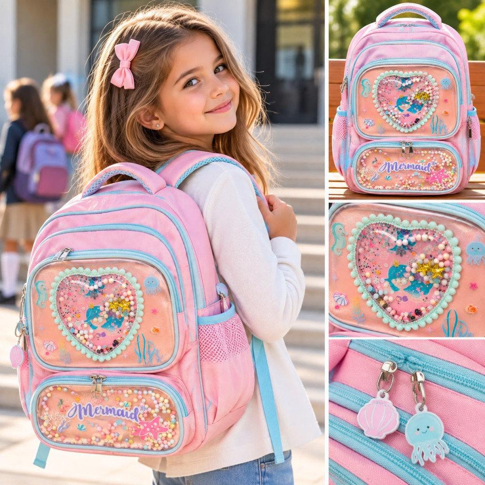 Sac à dos scolaire fille Mermaid paillettes rose Fillette souriante portant un sac à dos scolaire rose et bleu à motifs de sirène avec des perles et une poche en forme de cœur