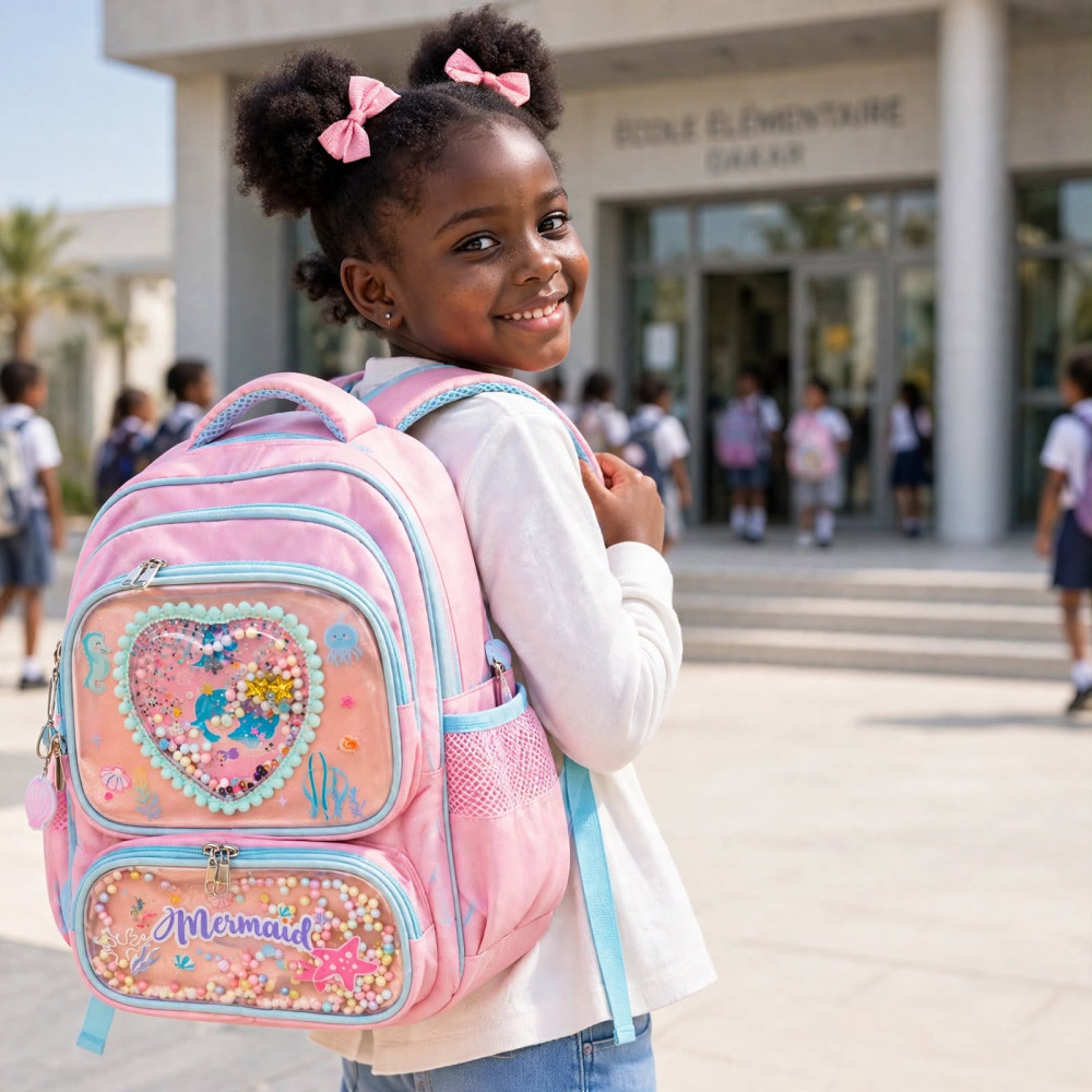 Ensemble Sac à Dos Scolaire Imperméable Mermaid - Rose et Bleu avec Écussons Sequins et Perles