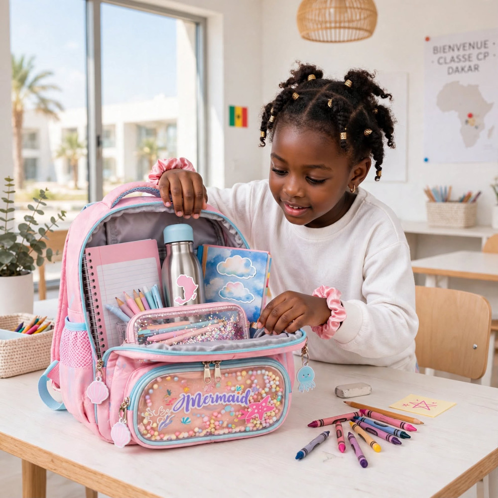 Ensemble Sac à Dos Scolaire Imperméable Mermaid - Rose et Bleu avec Écussons Sequins et Perles