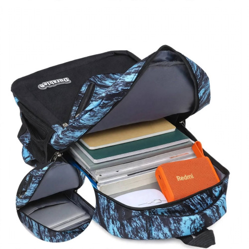 Ensemble de 3 sacs bleus et noirs de la marque Durable comprenant un sac à dos, une sacoche repas isotherme et une trousse assortie