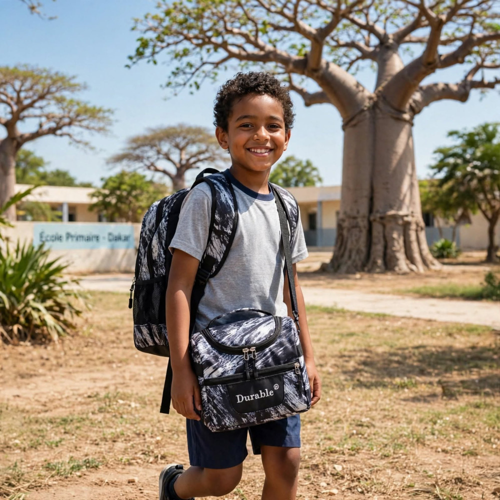 Ensemble sac à dos scolaire 3 pièces blanc et noir Durable Ensemble de 3 sacs blancs et noirs de la marque Durable comprenant un sac à dos, une sacoche repas isotherme et une trousse assortie
