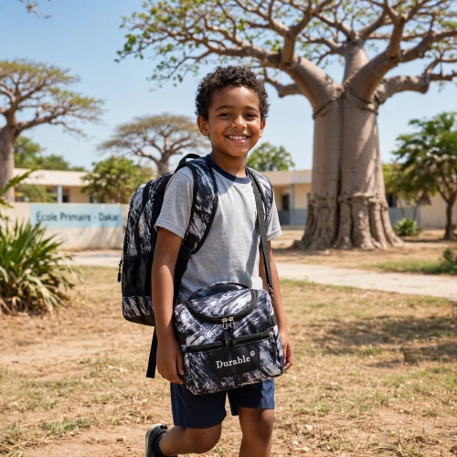 Ensemble sac à dos scolaire 3 pièces blanc et noir Durable Ensemble de 3 sacs blancs et noirs de la marque Durable comprenant un sac à dos, une sacoche repas isotherme et une trousse assortie