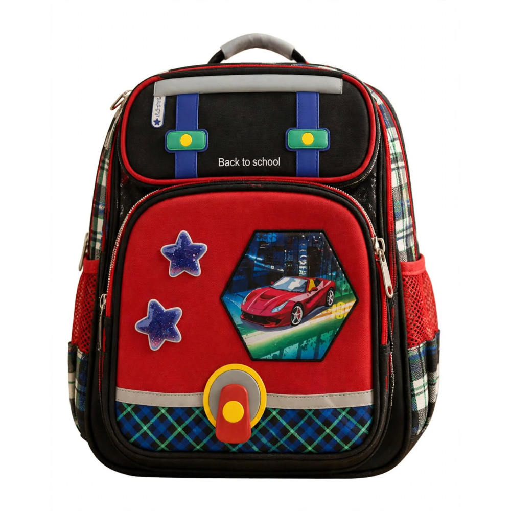 Sac à Dos Scolaire Imperméable Back to School - Rouge et Noir Motif Voiture de Course