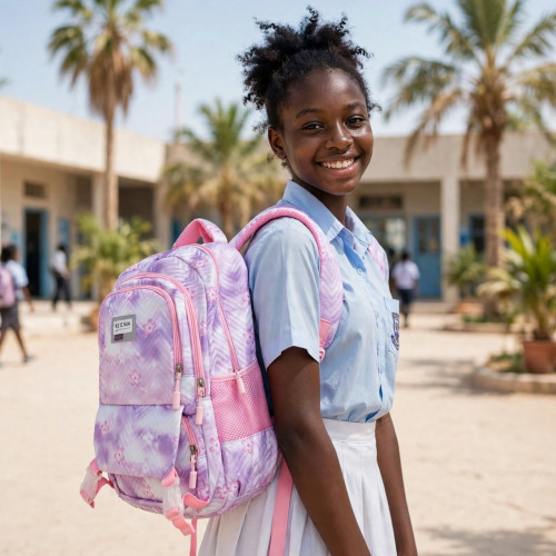 Sac à dos scolaire violet pour fille de la marque HUA SI EV avec motifs de fleurs et lignes géométriques en chevrons