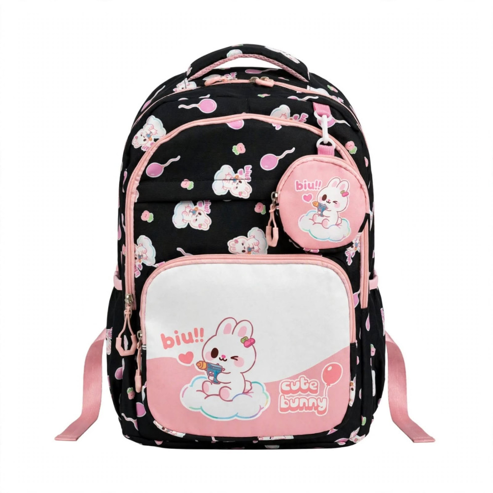 Sac à Dos Scolaire Imperméable Cute Bunny - Noir et Rose