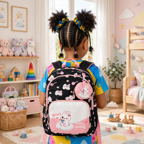 Sac à dos scolaire noir et rose pour fille avec motifs de petits lapins Cute Bunny et une pochette ronde suspendue