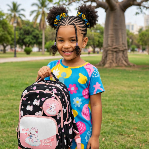 Sac à dos scolaire noir et rose pour fille avec motifs de petits lapins Cute Bunny et une pochette ronde suspendue
