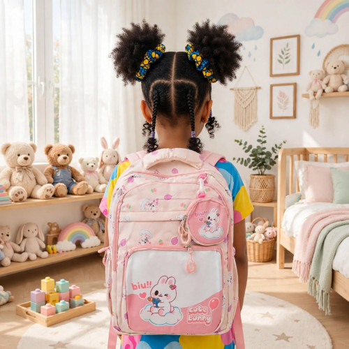 Sac à dos scolaire Cute Bunny rose blanc Sac à dos scolaire rose et blanc pour fille avec motifs de petits lapins Cute Bunny et une pochette ronde suspendue