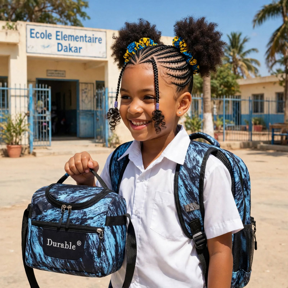 Ensemble de 3 sacs bleus et noirs de la marque Durable comprenant un sac à dos, une sacoche repas isotherme et une trousse assortie