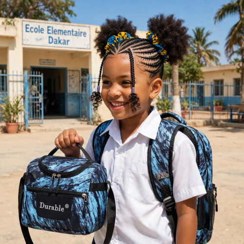 Ensemble de 3 sacs bleus et noirs de la marque Durable comprenant un sac à dos, une sacoche repas isotherme et une trousse assortie