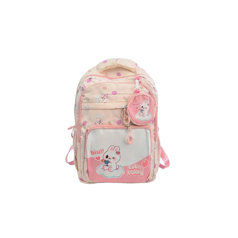 Sac à dos scolaire Cute Bunny rose blanc Sac à dos scolaire rose et blanc pour fille avec motifs de petits lapins Cute Bunny et une pochette ronde suspendue