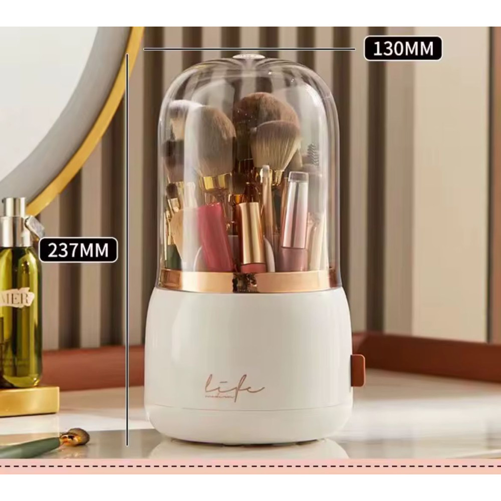 Organisateur de pinceaux de maquillage blanc et or de 237mm de hauteur avec dimensions affichées sur fond de coiffeuse