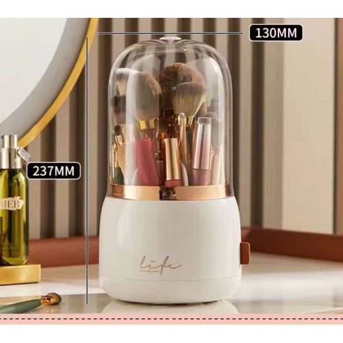 Organisateur de pinceaux de maquillage blanc et or de 237mm de hauteur avec dimensions affichées sur fond de coiffeuse