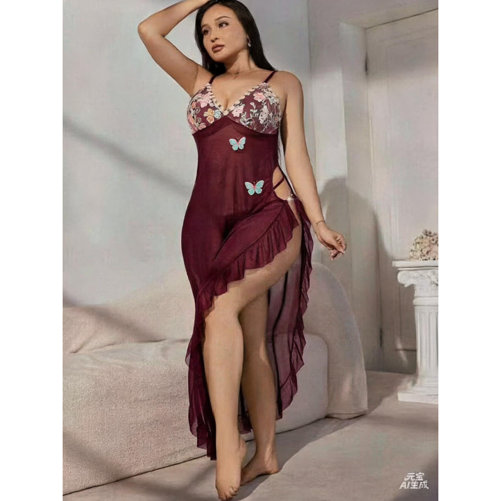 Nuisette Longue en Maille Transparente et Papillons 3D - Rouge Bordeaux