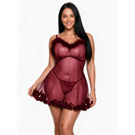 Nuisette Courte Babydoll en Maille à Pois et Plumes - Rouge Bordeaux