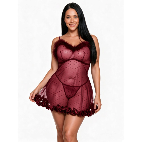 Nuisette Courte Babydoll en Maille à Pois et Plumes - Rouge Bordeaux