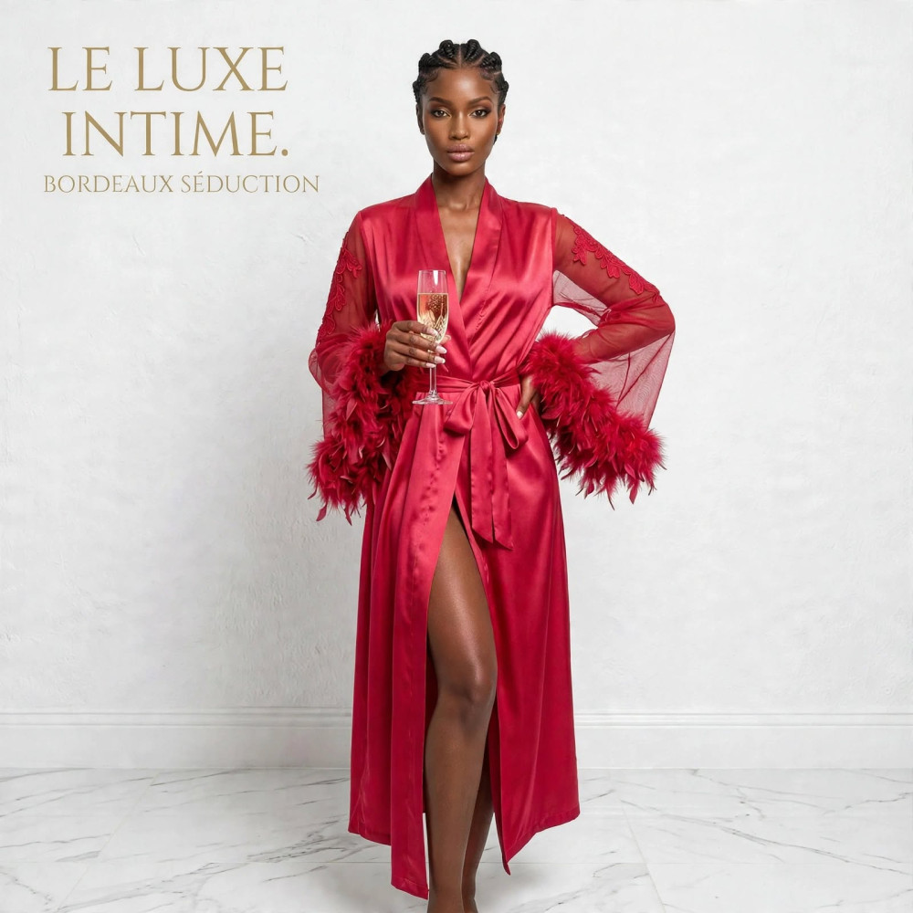 Kimono Nuisette Long en Satin et Tulle - Rouge Éclatant