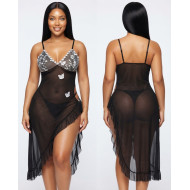 Nuisette Longue en Maille Transparente et Papillons 3D - Noir Mystère