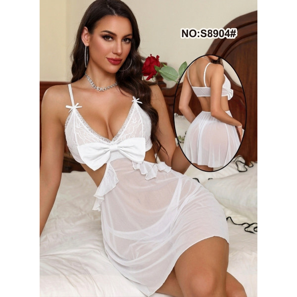 Nuisette Courte en Voile et Dentelle avec Grand Nœud - Blanc Pur