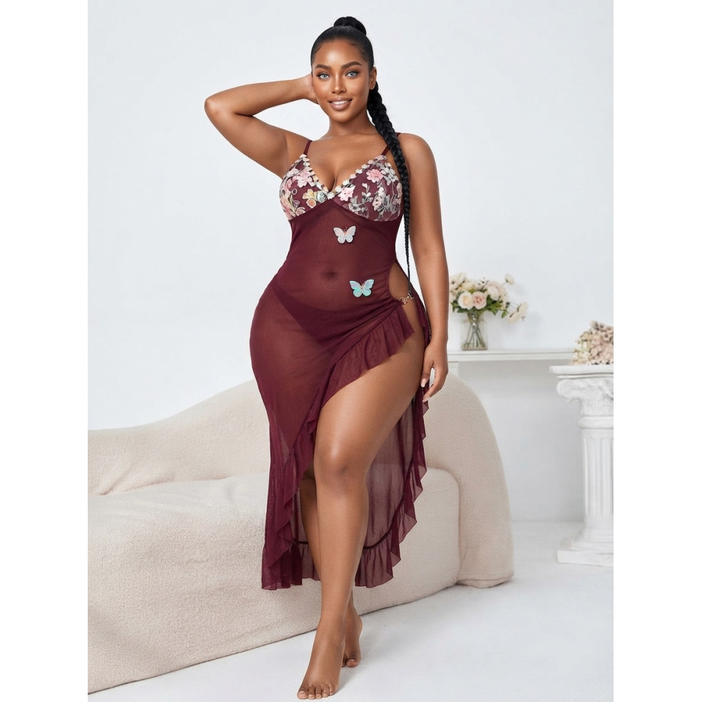 Nuisette Longue en Maille Transparente et Papillons 3D - Rouge Bordeaux