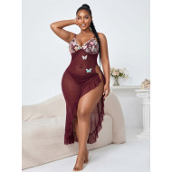 Nuisette Longue en Maille Transparente et Papillons 3D - Rouge Bordeaux