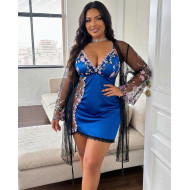 Ensemble de Nuit 3 Pièces Nuisette Satin, Kimono en Maille Brodée et String - Bleu Roi et Noir