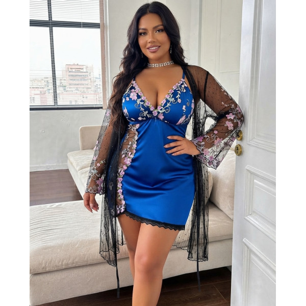 Ensemble de Nuit 3 Pièces Nuisette Satin, Kimono en Maille Brodée et String - Bleu Roi et Noir