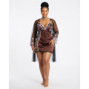 Ensemble de Nuit 3 Pièces Nuisette Satin, Kimono en Maille Brodée et String - Marron Chocolat et Noir