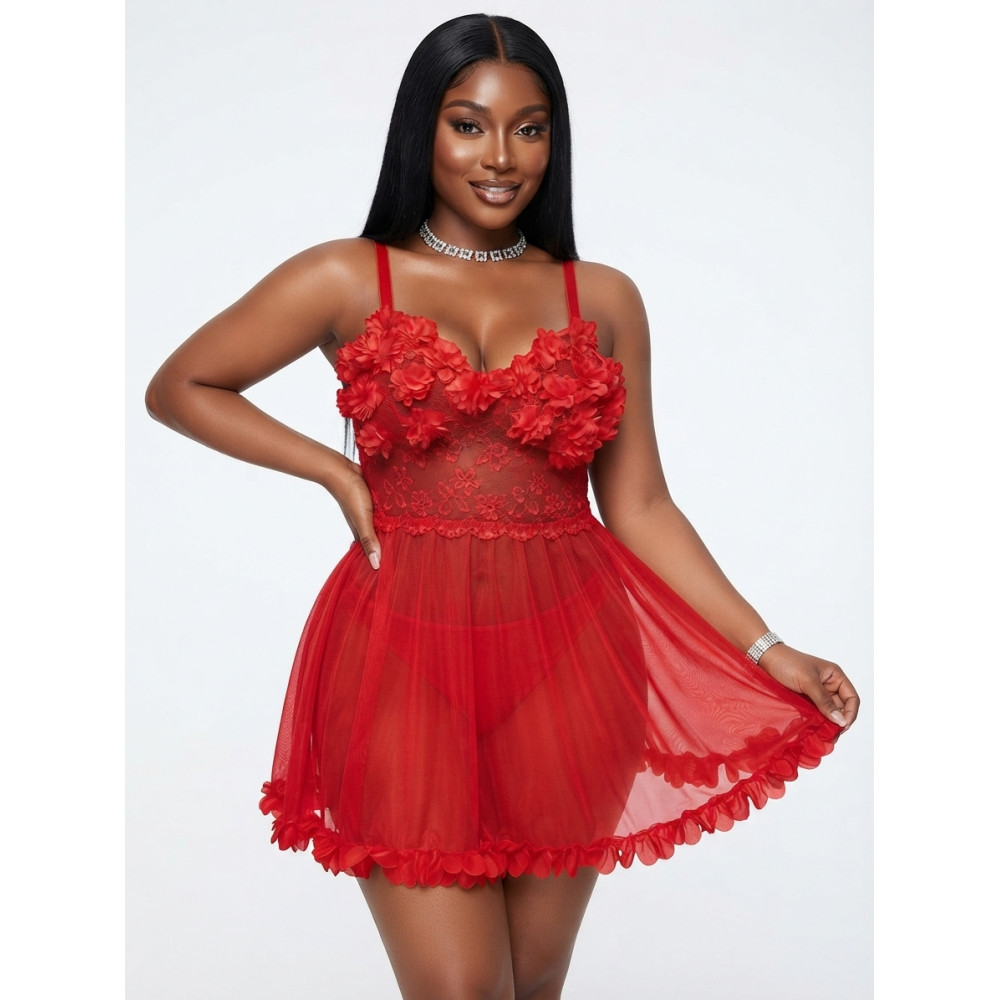 Nuisette Courte Babydoll en Maille et Fleurs 3D - Rouge Passion