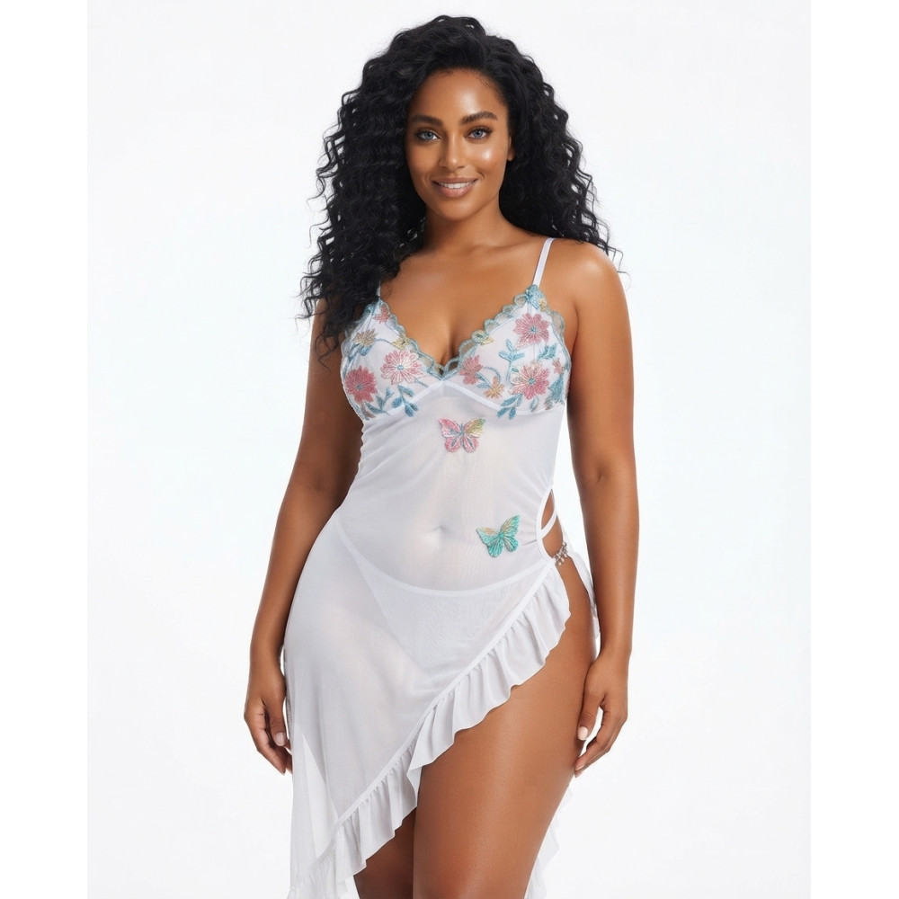 Nuisette Longue en Maille Transparente et Papillons 3D - Blanc Éclatant Premium