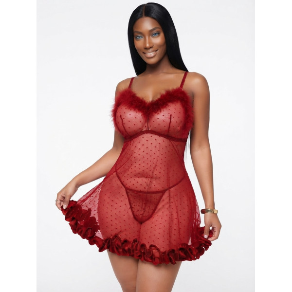 Nuisette Courte en Mesh à Pois et Plumes - Rouge Passion