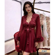 Ensemble Pyjama 3 Pièces en Satin et Tulle - Rouge Bordeaux