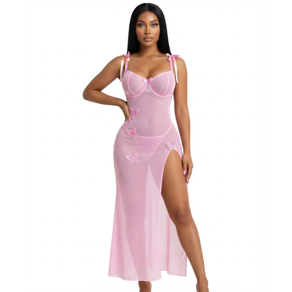 Nuisette Longue en Mesh Transparent et Papillons 3D - Rose Pastel