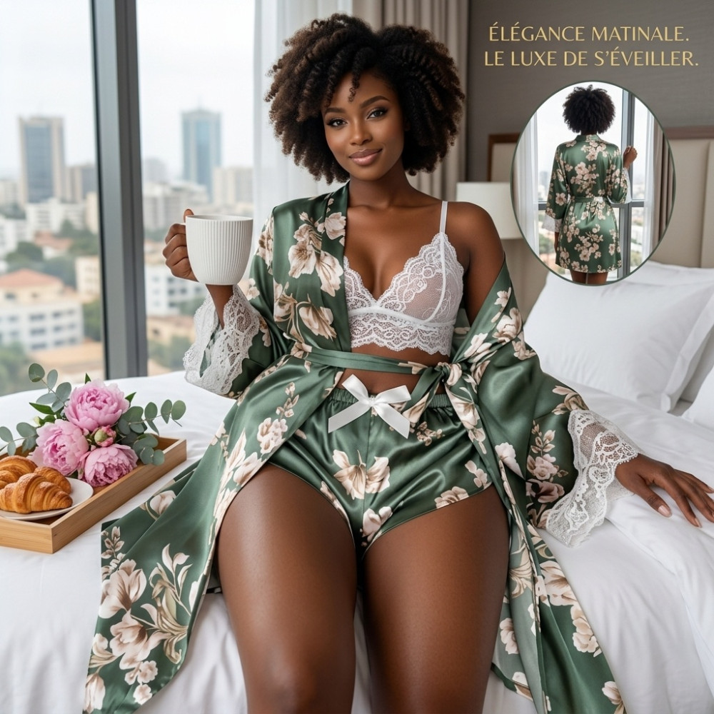 Ensemble Pyjama 3 Pièces en Satin Imprimé Fleuri - Vert Kaki / Olive