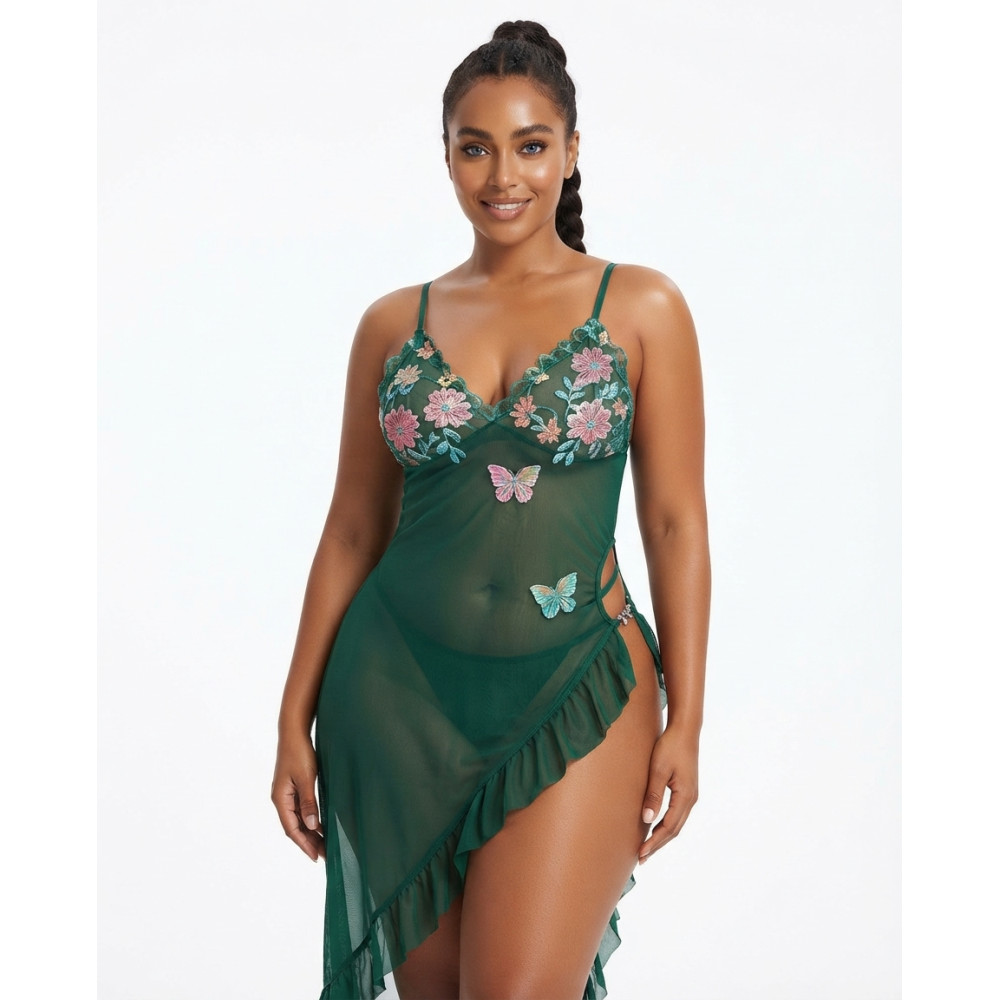 Nuisette Longue en Maille Transparente et Papillons 3D - Vert Émeraude
