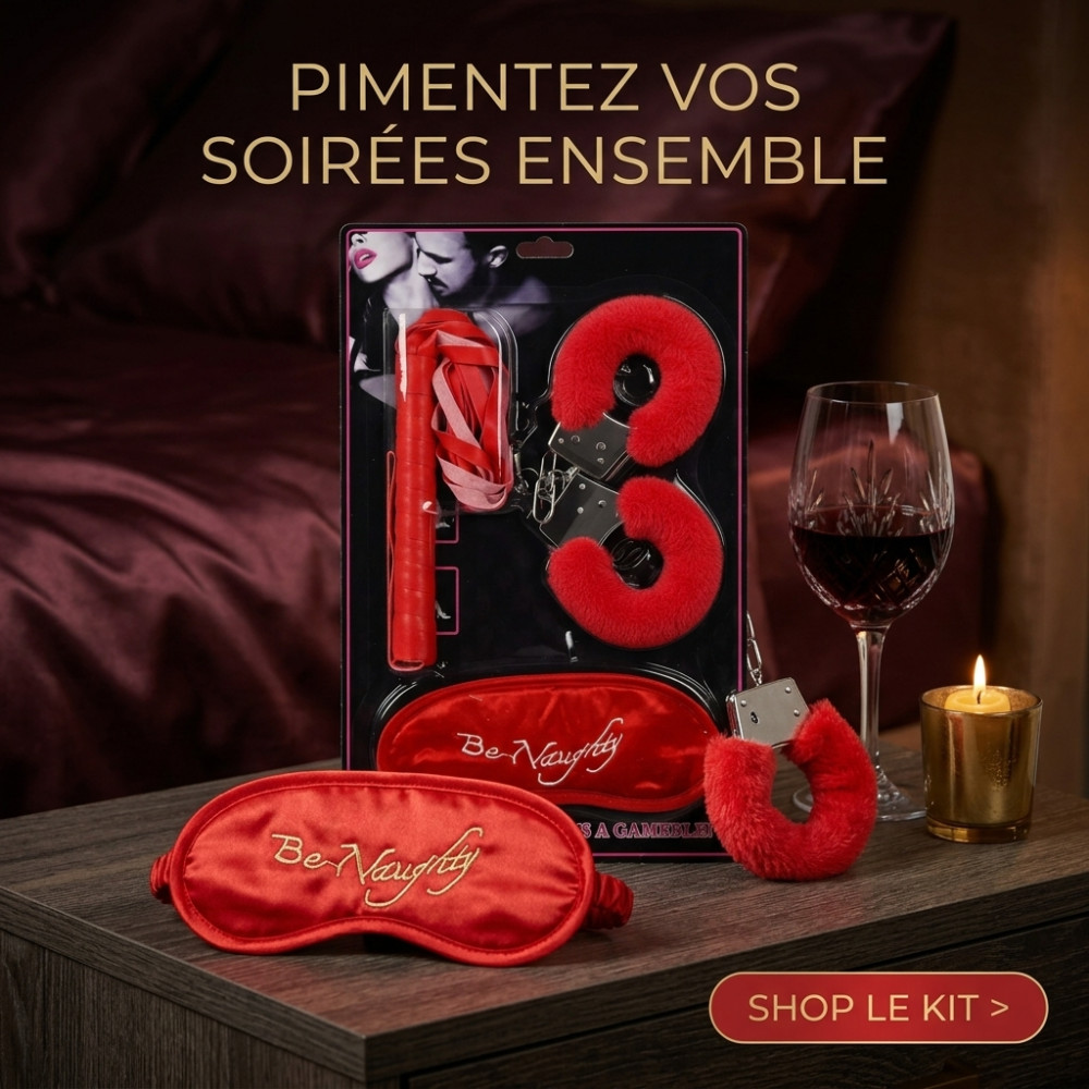 Ensemble de Jeux Intimes 3 Pièces - Menottes Fourrure, Fouet Lanières et Masque Satin - Rouge Passion
