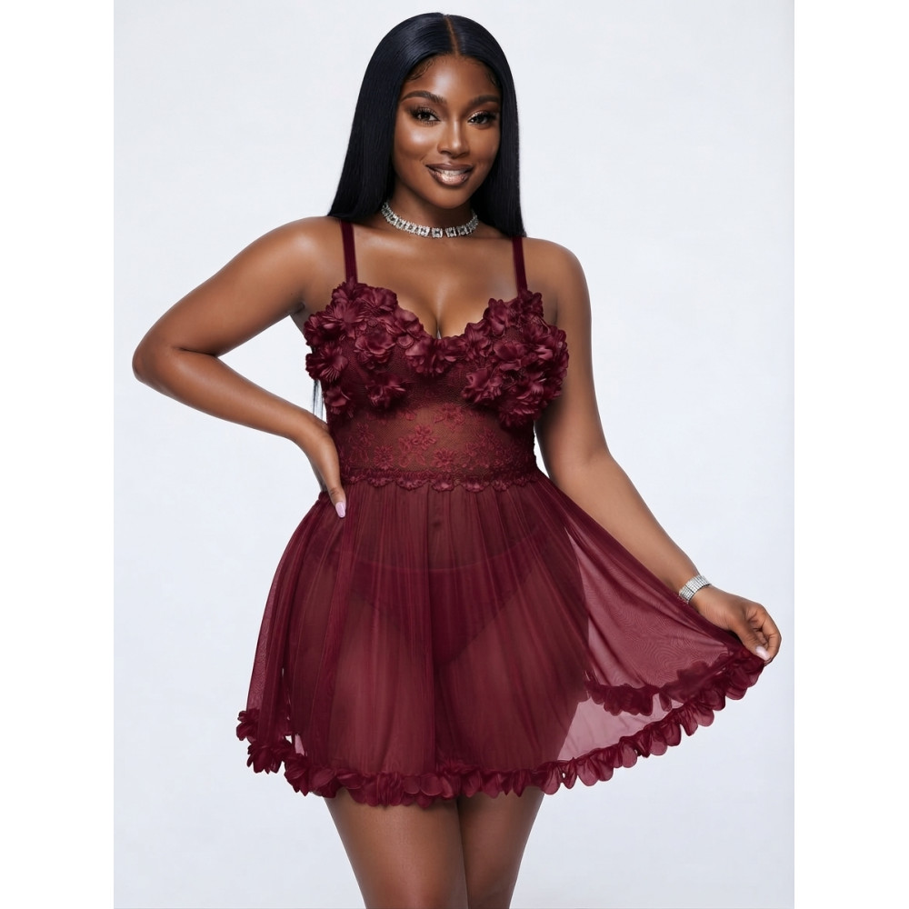 Nuisette Courte Babydoll en Maille et Fleurs 3D - Rouge Bordeaux