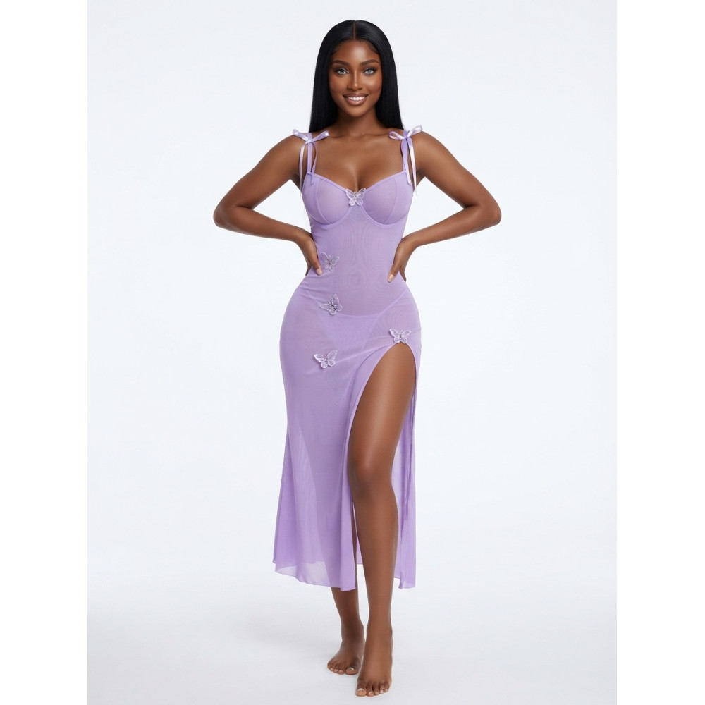 Nuisette Longue en Mesh Transparent et Papillons 3D - Violet / Lilas