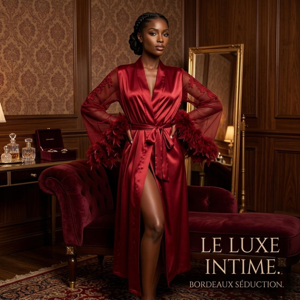 Kimono nuisette long satin rouge vif et plumes Femme posant debout avec un kimono déshabillé long en satin rouge vif brillant et manches en tulle transparent avec volants en plumes